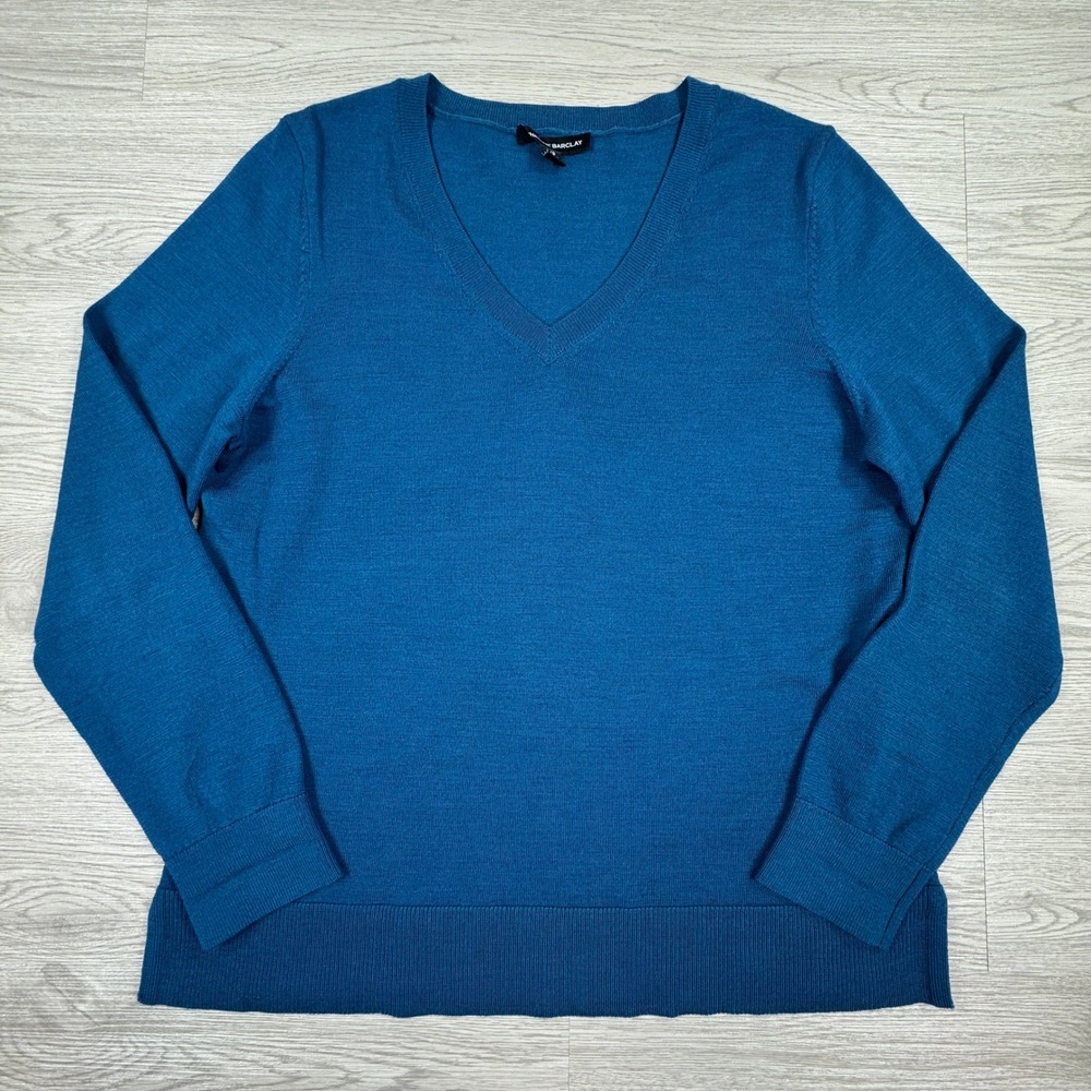 Katherine Barclay Women Sweater V-Neck‎ Blue Large 100% Merino Wool Pullover